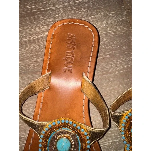 Mystique Beaded Thong Sandals Turquoise Embellished Gold Straps Size 7 - Picture 4 of 7